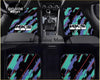 Custom hks universal floor mats pair with vibrant teal purple and red abstract pattern and bold white hks logos