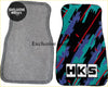 Custom hks universal floor mats pair with vibrant teal purple and red abstract design on black background with white logo