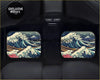 Pair of black car window visors with vibrant great wave off kanagawa design in blue white and pink for custom hoshakuji floor mats