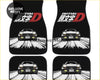 Black car floor mats with a stylized toyota ae86 illustration and initial d branding in red and white lettering