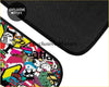 Vibrant custom jdm sticker bomb floor mat with colorful cartoon collage on black rubber backing for car interior