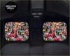 Custom jdm sticker bomb floor mats with vibrant graffiti-style cartoon decals on black fabric for car interiors