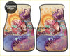 Custom koi fish floor mats with vibrant pink koi swimming through purple blue waves on an orange sunburst background