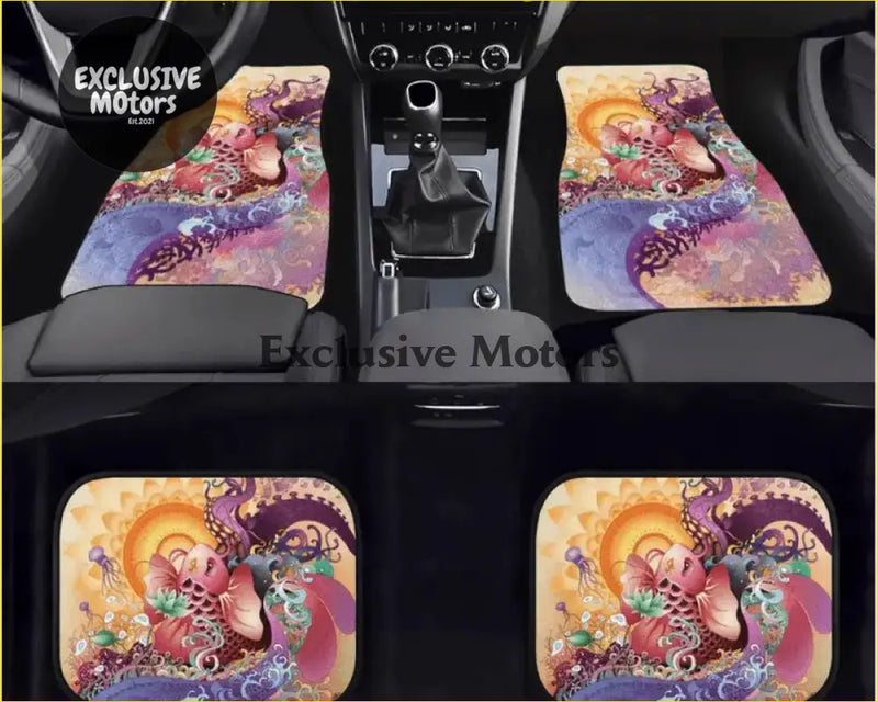 Custom koi fish floor mats with vibrant psychedelic purple orange and pink octopus and fish design for car floors