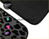 Black custom leopard bean car floor mat with bold teal pink and purple leopard print pattern