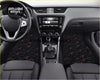 Black custom leopard floor mats with a colorful red blue and white racing car pattern for car interiors