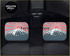 Custom mount fuji floor mats with tinted square windows featuring pink and gray sunburst rays and snow-capped mountain design