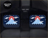 Blue car floor mats with stylized white mount fuji, red sunrise, and traditional japanese wave patterns