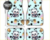 Set of four light blue custom panda boba floor mats with cute cartoon pandas sipping bubble tea and boba shots