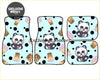 Set of three custom panda boba floor mats with cute cartoon pandas holding bubble tea on light blue polka dot background