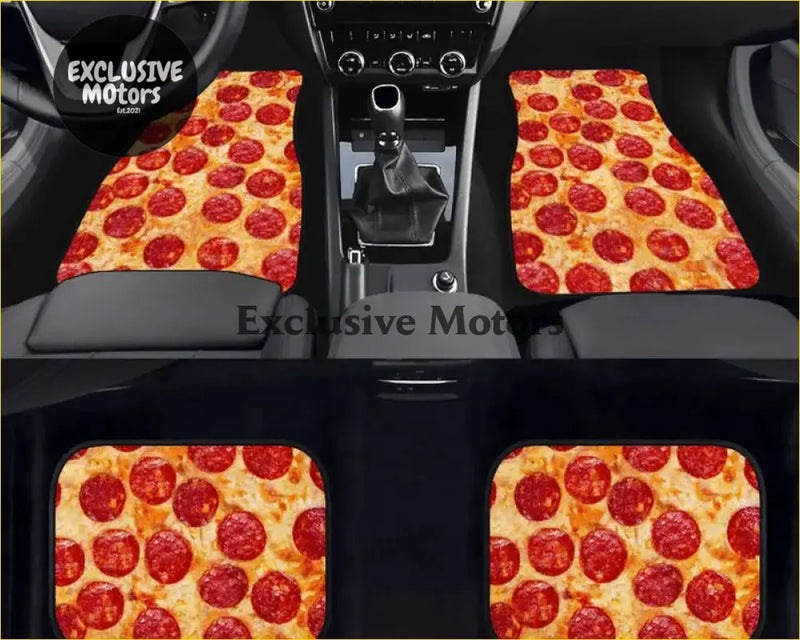 Custom pepperoni pizza floor mats with realistic golden cheese and red pepperoni print for car interiors