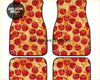 Custom pepperoni pizza floor mats with realistic red pepperoni slices on golden brown cheese for car interiors
