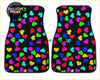 Black car floor mats with vibrant multicolored rainbow hearts pattern perfect for customizing your ride