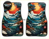 Pair of custom shimonada 3d car floor mats with vibrant ocean wave design in blues teals and orange sun backdrop