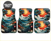 Set of four custom shimonada car floor mats with vibrant waves mountains and glowing orange sun on teal and navy backgrounds