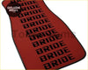 Red custom universal floor mat featuring bold black bride lettering in a blocky font for car interiors