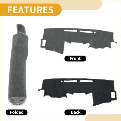 Gray fabric dashboard cover for toyota hilux 150 series sr sr5 2005-2015 shown rolled up with front and back views