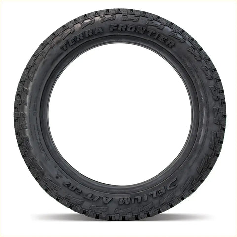 Black rubber delium terra frontier at tire with deep aggressive tread and terra frontier branding on the sidewall