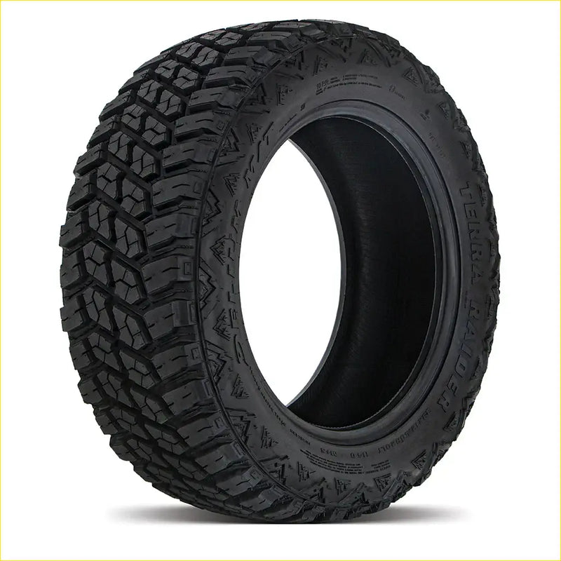 Black rubber delium terra raider m/t tire with aggressive tread pattern and terra hunter branding for off-road use