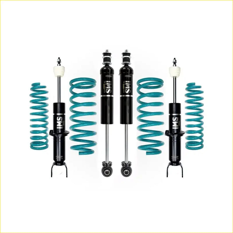 Set of four black and teal coilover suspension kits with ims branding for dodge ram 1500 ds 2018 australian rhd models