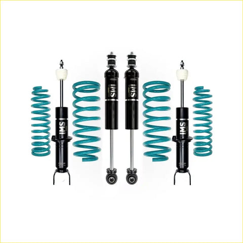 Set of four black and teal coilover suspension kits with ims branding for dodge ram 1500 dt mid 2020 on australian models