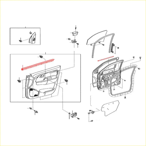 Red plastic door belt moulding trim strip for toyota hilux 4dr 2004-2015 shown from back side