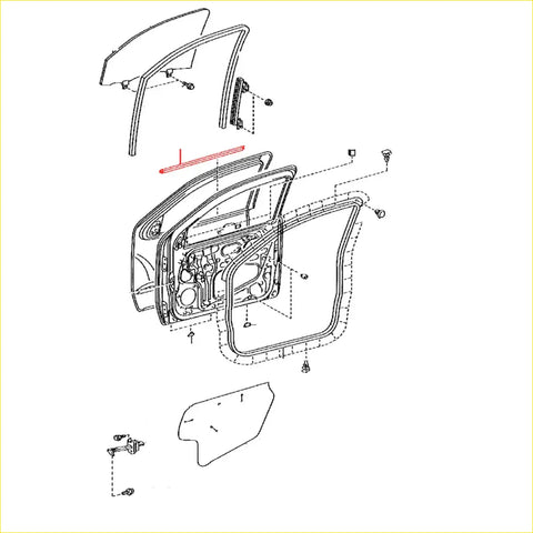 Exploded view of a car door panel showing the back side of black door belt moulding for toyota hilux 2004-2015
