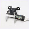 Black plastic door hinge mount with two circular holes and central slot for toyota hilux 1978-1983 shown with caliper measurement