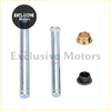 Two silver metal rods with threaded ends and a brass ring plus two black rubber caps in dodge ram door hinge repair kit