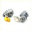 Gray metallic car door lock actuators with yellow and white plastic parts for toyota hilux 1988-1997 shown from back side