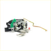 Back side of black and silver door lock latch for Toyota Hilux 1997-2005 with green lever and gold linkage arms