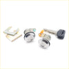 Two shiny chrome door lock cylinders with black seals and keys for toyota hilux 1978-1983