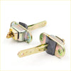 Two metallic door strap stopper latches with brass finish and black rubber pads for nissan navara king cab 1986-1997
