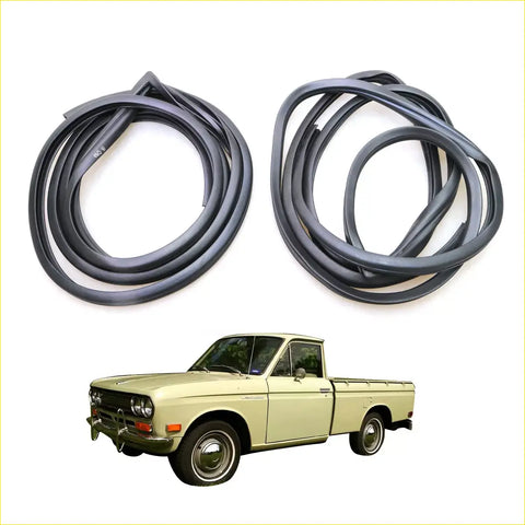 Black rubber door weatherstrip seals for vintage Nissan Datsun 520 521 trucks 1965-1972 shown from back side