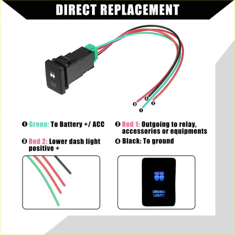 Black plastic toggle switch with labeled color-coded wires for direct replacement of driving lights on Toyota Landcruiser 4Runner