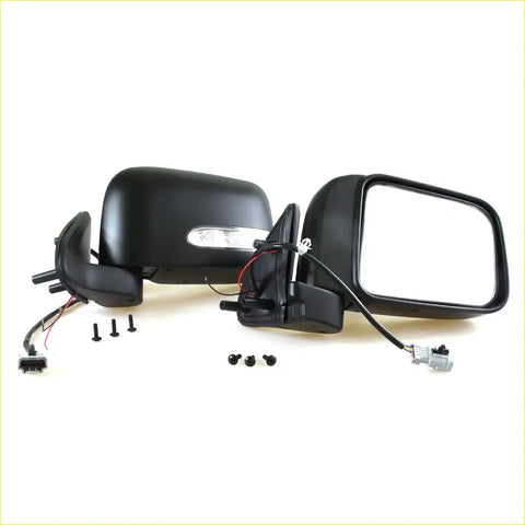 Black plastic electric door mirror with led turn signal and wiring harness for nissan d22 navara np300 back view
