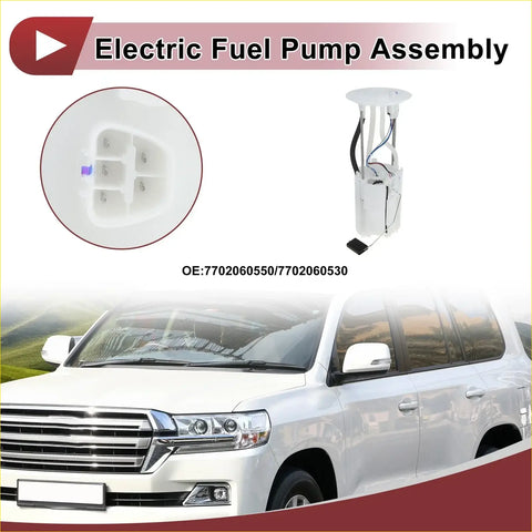 White electric fuel pump assembly with cylindrical body and black wiring harnesses for Toyota Land Cruiser 2016-2021