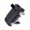 Black plastic and metal electronic actuator with ribbed housing and connectors for ford ranger and mazda 4wd ute offroad