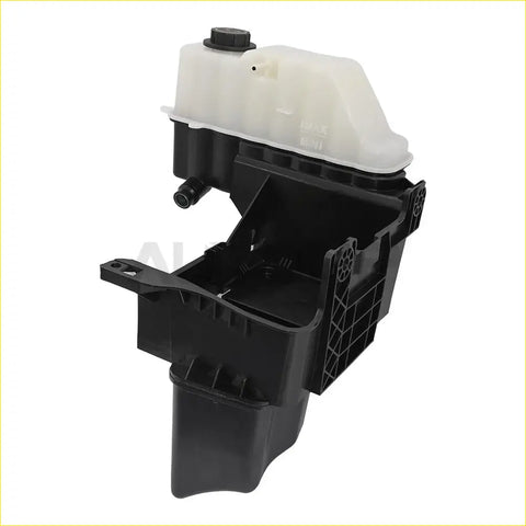 Black plastic engine coolant reservoir with translucent white upper tank and black cap for Ford F-250 F-350 F-450 F-550