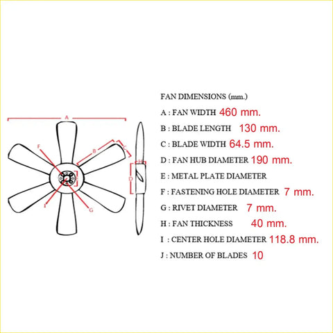 A technical diagram showing dimensions of a 10-blade engine cooling fan blade for toyota hilux 6th gen 1997-2005