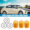 Set of three yellow engine oil filters with seals for toyota tundra 2000-2023 shown next to beige car for context