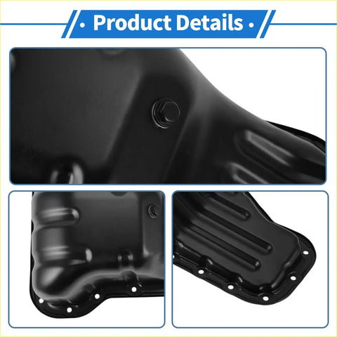 Black metal steel engine oil pan with glossy finish and reinforced ridged design for Toyota Hilux 2015