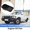 Black steel engine oil pan with reinforced edges and mounting holes for toyota pickup v6 3.0 1989-1995 back side view