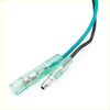 Teal and black insulated wire with green heat shrink tubing over metal connectors for exciter coil tohsatsu nissan outboard