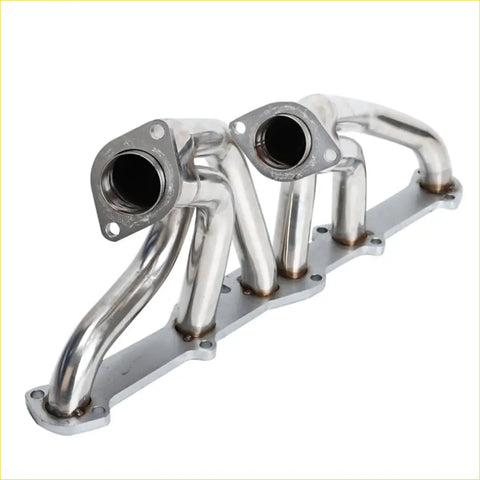 Shiny chrome-plated stainless steel exhaust manifold header with four ports and flanged mount for ford mercury l6 engines