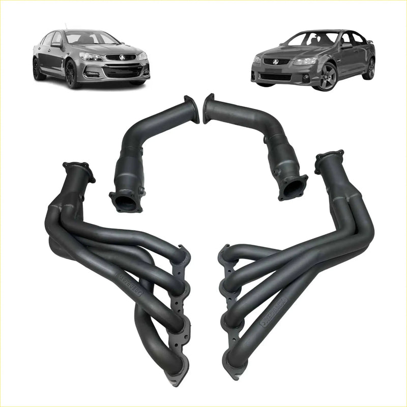 Black aftermarket extractors and cats for holden commodore ve vf v8 with 1 7/8 inch pipes shown from back side