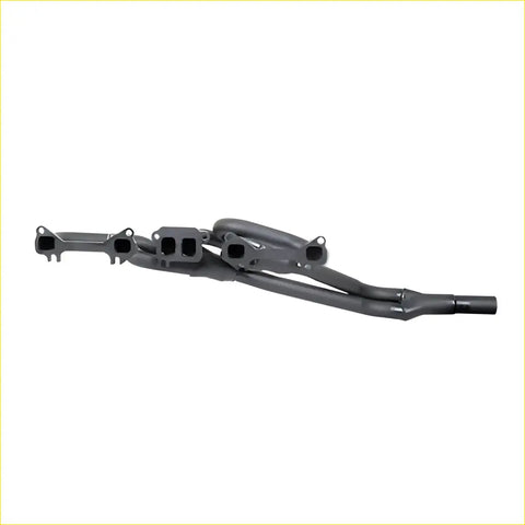 Black metal exhaust manifold with curved ports for falcon xk-xp 144-170 60-65 gasket dsf010a showing back side