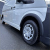 Silver alloy multi-spoke wheel mounted on black tire for fender flare hiace 19 plus new shape zx minibus smooth black