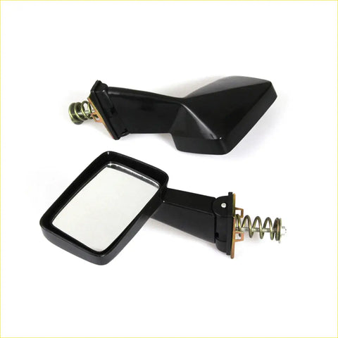 Black plastic fender side-view mirrors with rectangular reflective surface and spring-loaded hinges for mazda rotary cars