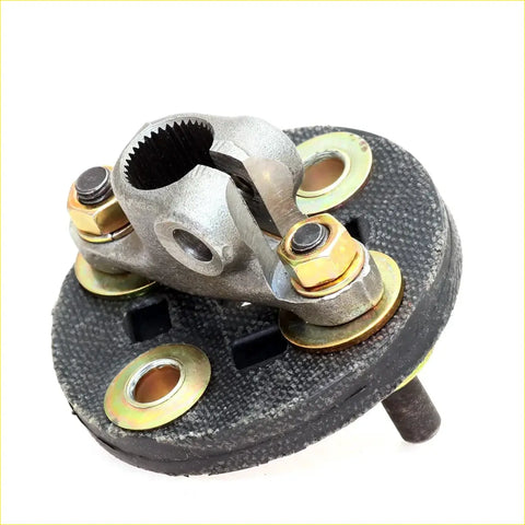 Silver metal flexible steering column coupling with gold bolts and black rubber base for Toyota Hilux 1972-1978
